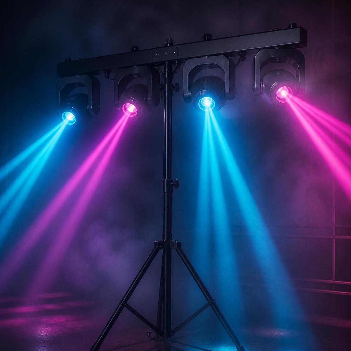 Moving heads party light bar with cyan and pink beams